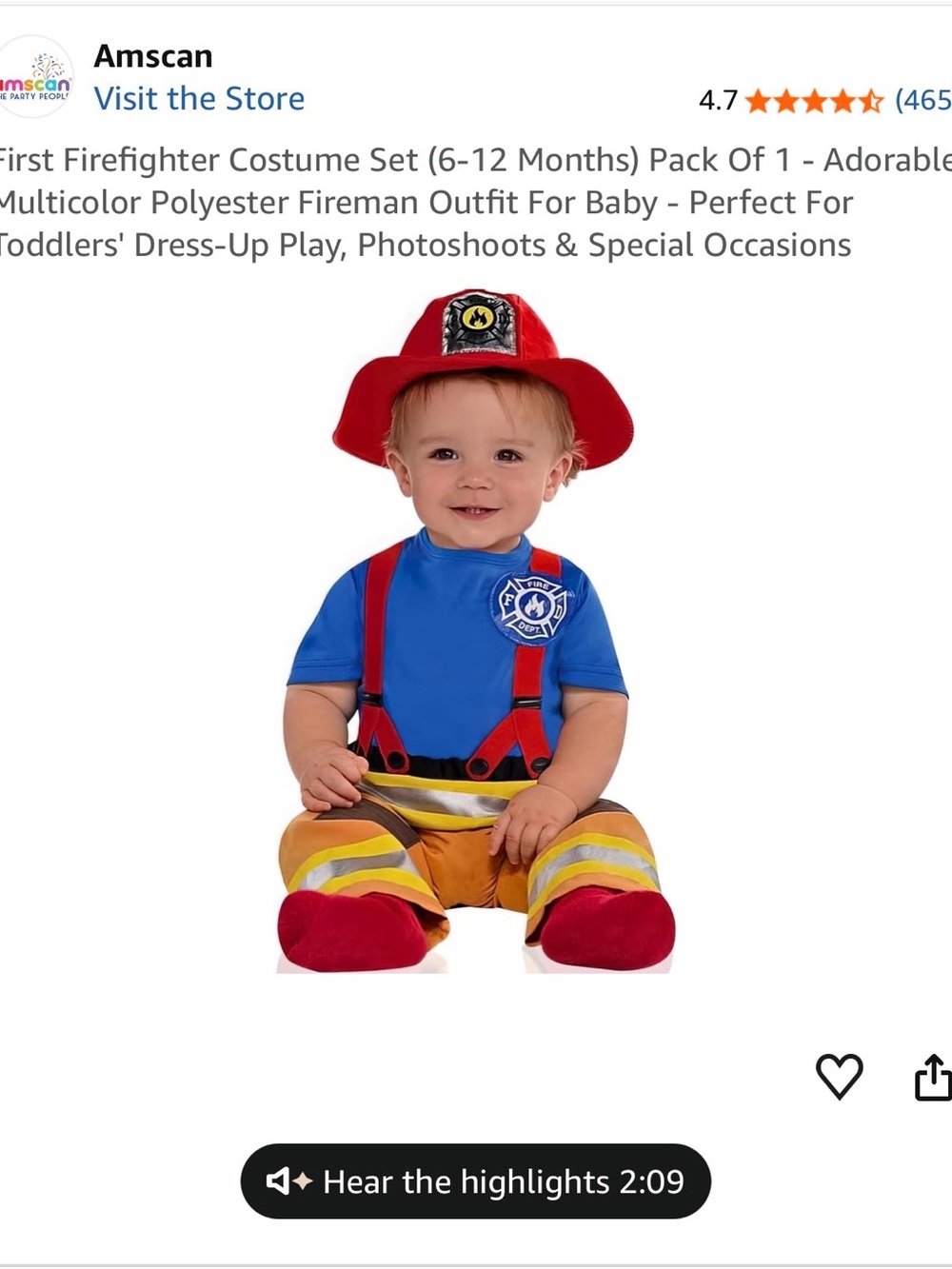 Amscan Red & Blue First Fireman Infant Costume 6-12 months NWT